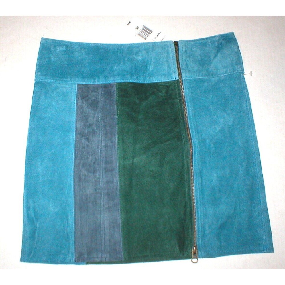 NWT $428 New Womens PJK Color Block Leather Suede Mini Skirt XS Green Blue Gray
